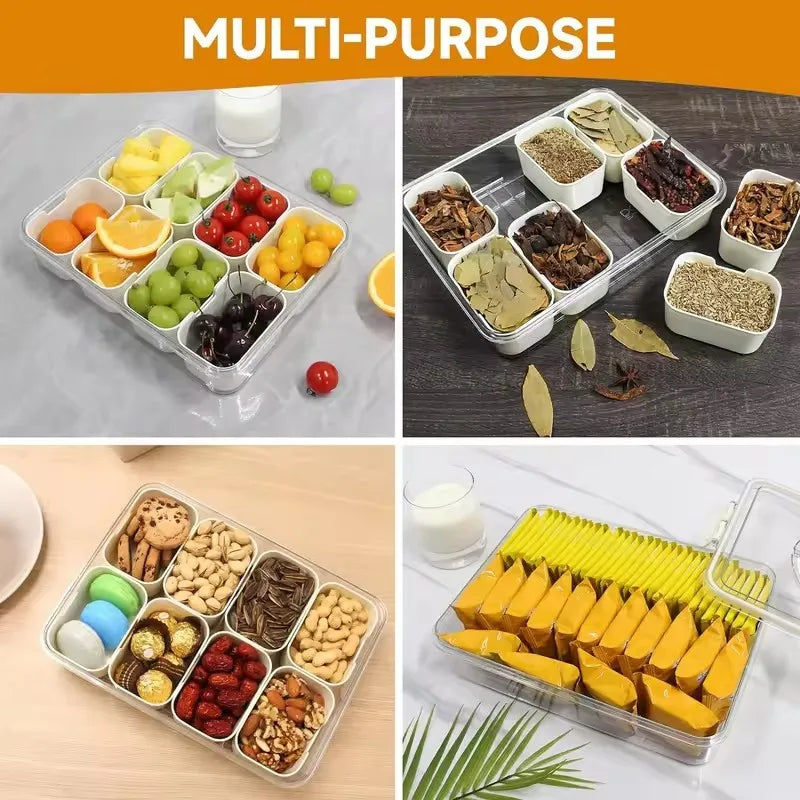 8-Section Portable Food Container with Lidded Compartments for Snacks, Fruits, Nuts - Refrigerator Storage Organizer