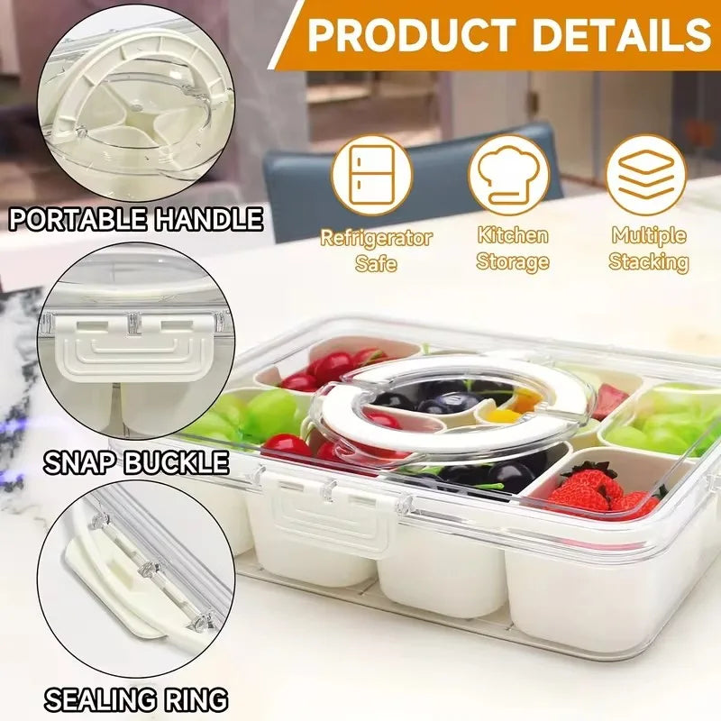 8-Section Portable Food Container with Lidded Compartments for Snacks, Fruits, Nuts - Refrigerator Storage Organizer