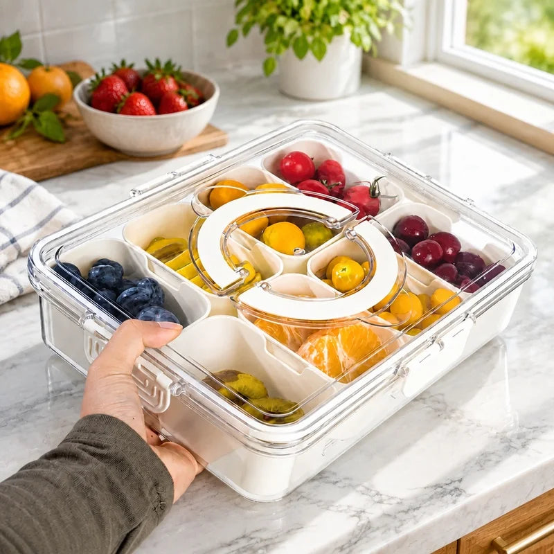 8-Section Portable Food Container with Lidded Compartments for Snacks, Fruits, Nuts - Refrigerator Storage Organizer