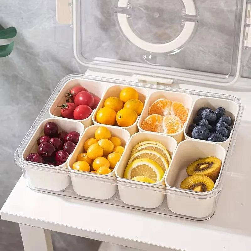 8-Section Portable Food Container with Lidded Compartments for Snacks, Fruits, Nuts - Refrigerator Storage Organizer